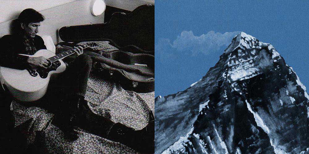 a picture of townes van zandt playing a gutair next to a picture of mount everest