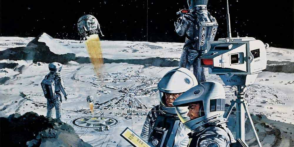 futuristic illustration of astronauts exploring the moon