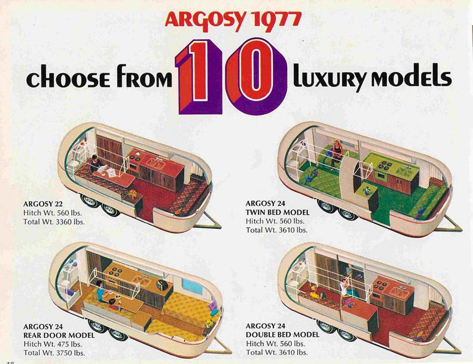 4 cutaway images of a vintage airstream argosy
