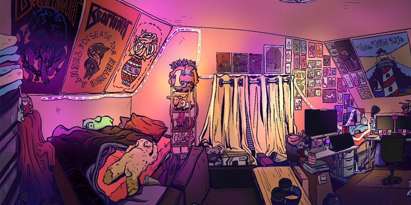 a colorful bedroom with posters on the wall