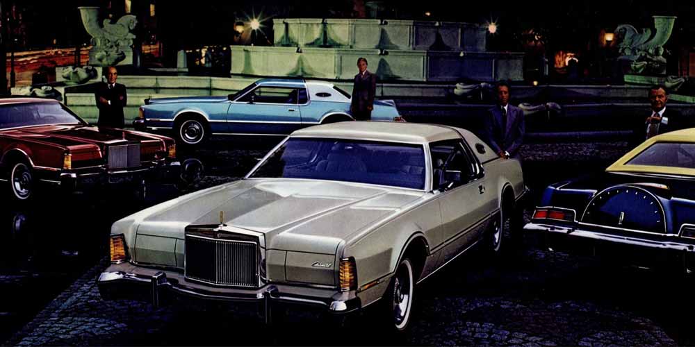 a series of men posing in front of lincoln continental sedans in the 70s
