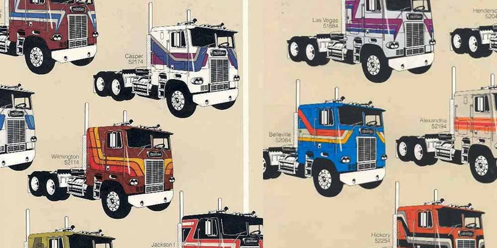 mechanical illustrations of various big rig color schemes
