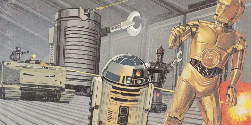 an illustration of c-3po and r2-d2 fleeing from killer robots