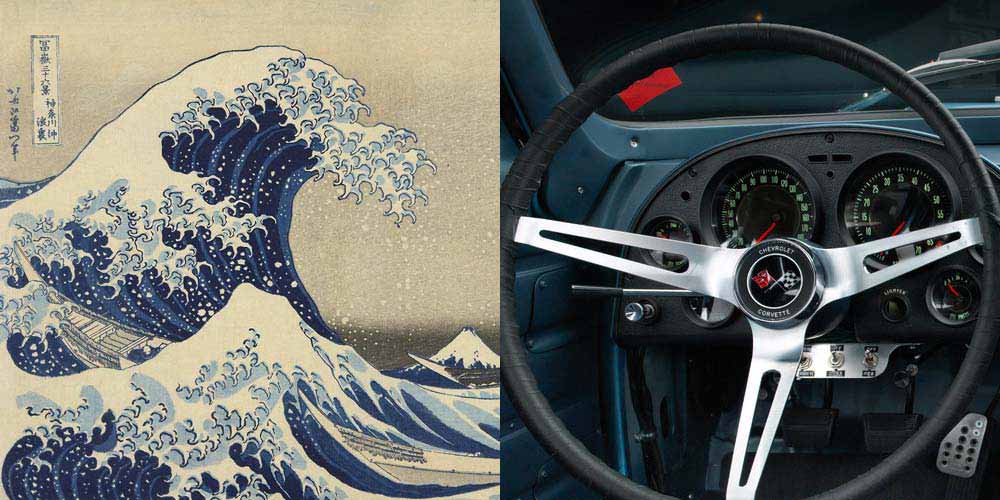a vintage illustration of a japanese wave next to the steering wheel of a vintage automobile