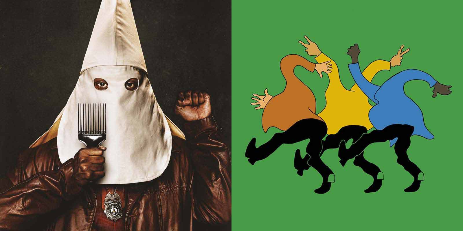 a black police officer wearing a white hood next to an illustration of people dancing