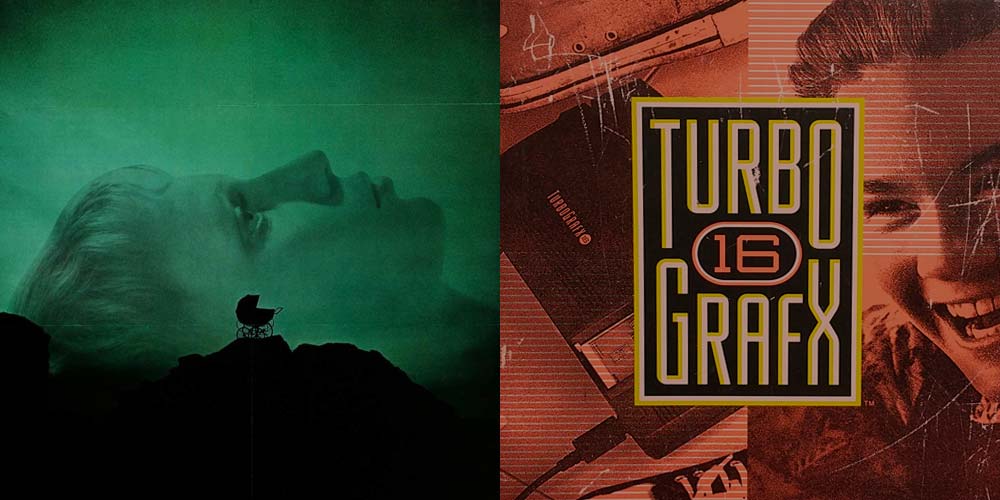 a close up of the movie poster for rosemary's baby next to an advertisement for a turbo grafx 16 gaming console