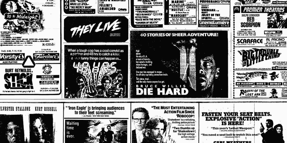a collection of 80s action movie ads from a newspaper