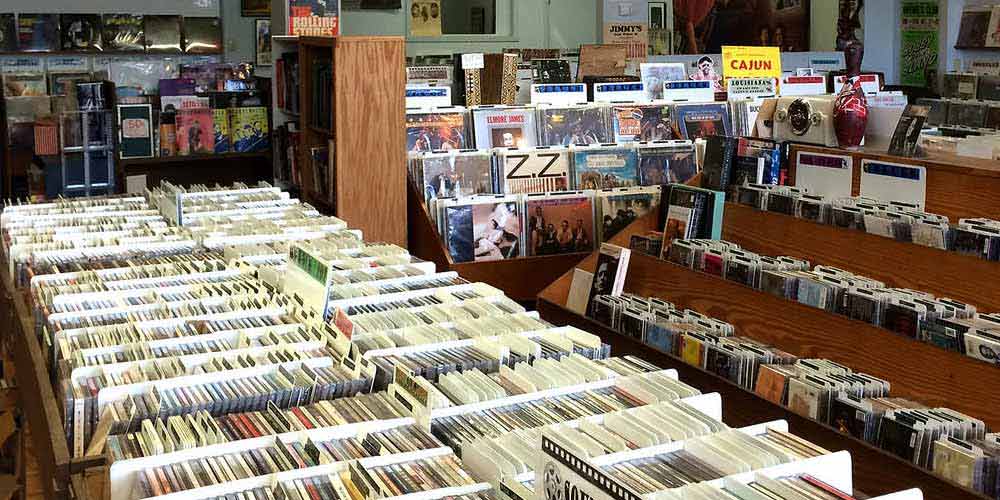 stacks of records in a record shop